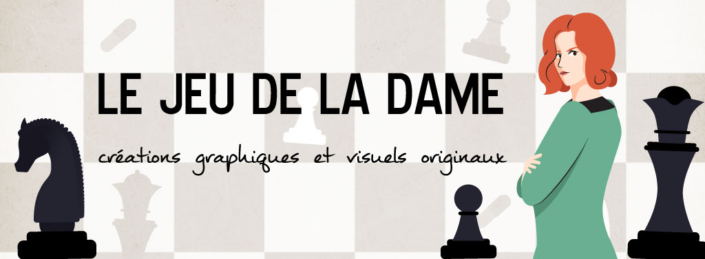 Texte bannière avec une femme rousse et un fond d'échiquier et des pions d'échec