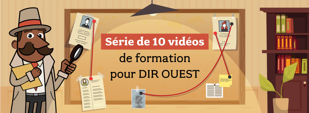 Texte de la bannière avec en fond un inspecteur tenant une loupe dans un décor d'enquête.