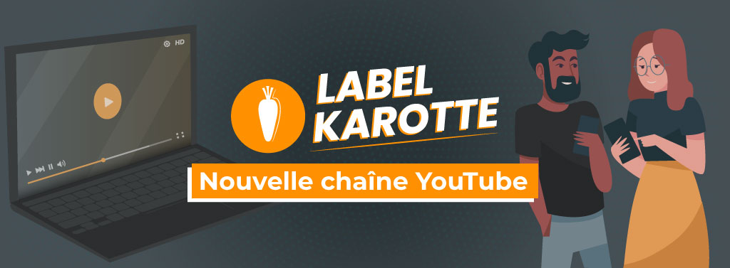 Logo Label Karotte avec en fond deux personnes regardant leurs téléphones et une ordinateur portable